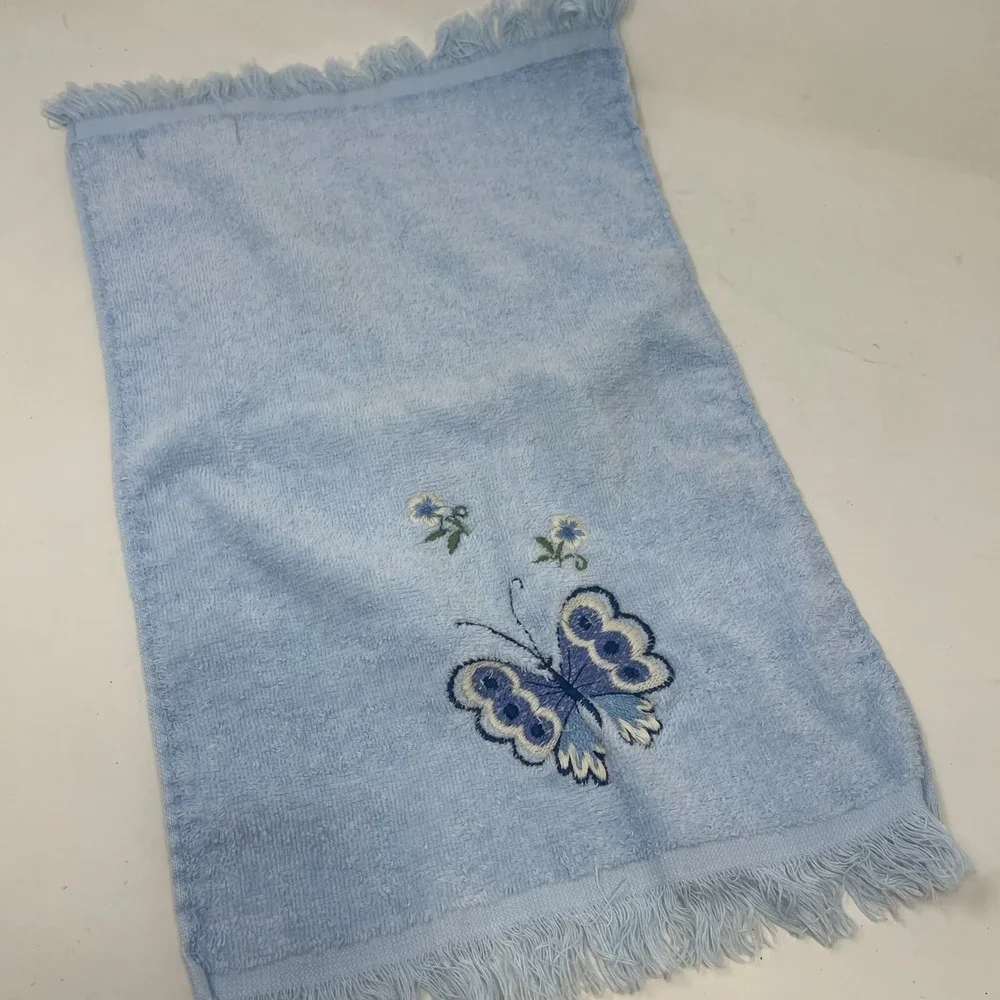 Vintage Avanti After Bath Luxury Towel Set 3pc Lace Butterfly Floral Pink Blue
